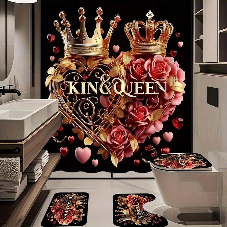 4pcs King And Queen Pattern Shower Curtain Set, High-Quality Home Decor With Shower Curtain And Rug, Polyester Fabric, Machine Washable, Includes Hooks, For Bathroom Decoration, Shower Curtain Set - Multicolor - View 1