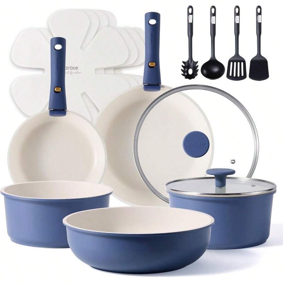 2025new19pcs Pots And Pans Set  Cookware Set Detachable Handle Induction Kitchen Cookware Sets  Stick With Removable Handle RV Cookware Set Oven - 19 Mảnh + Xanh - Xem 1