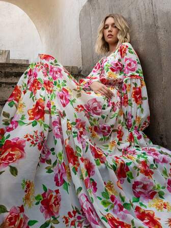 Faeriesty Elegant och blommig chiffongklänning med tryck, kjol i flera lager, puffärmar och resår i midjan – perfekt för bröllop, trädgårdsfester, möhippa och romantiska middagar