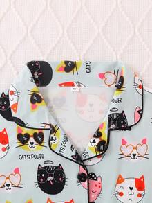 2pcs/Set Girls & Teens Casual Cartoon Cat Print Lapel Long Sleeve Cardigan And Pants Pajama Set, Flame Retardant, All Season