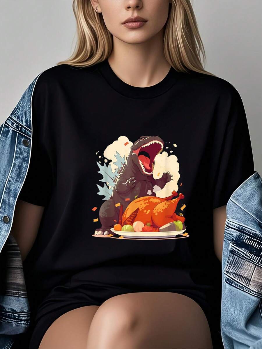 Camiseta unisex para adultos Hangry Kaiju lista para la fiesta de Acción de Gracias, camisetas gráficas, tops cortos para mujeres, ropa de otoño para mujeres, conjuntos para mujeres, ropa de otoño para mujeres, tops, camiseta - Negro - Ver 1