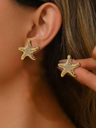 1 对女士海滩风格海星和人造珍珠耳钉，适合旅行佩戴