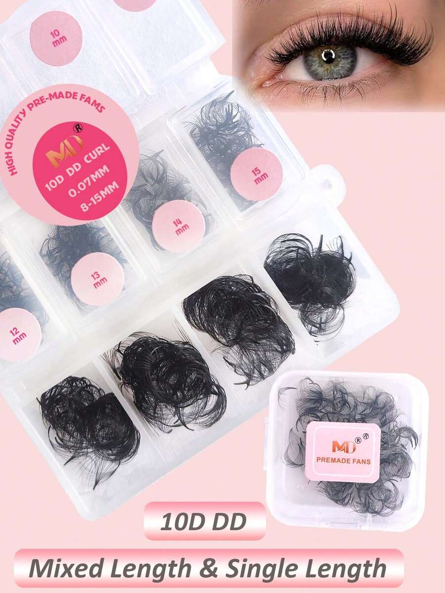 240-500 piezas de extensiones de pestañas premontadas, 240 piezas de longitud de pestañas individuales, rizo 10D DD, extensiones de pestañas gruesas y densas hechas a mano, grosor de 0.07 mm, longitud de 8-15 mm, afiladas de mediano a largo, extensiones de pestañas gruesas y densas premontadas - DD - Ver 1