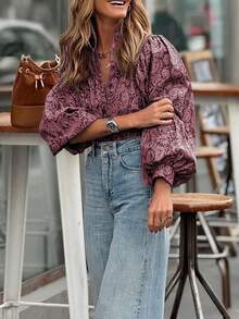 Women's All-Over Printed Puff Sleeve Casual Top Shirt,Loose Shirt