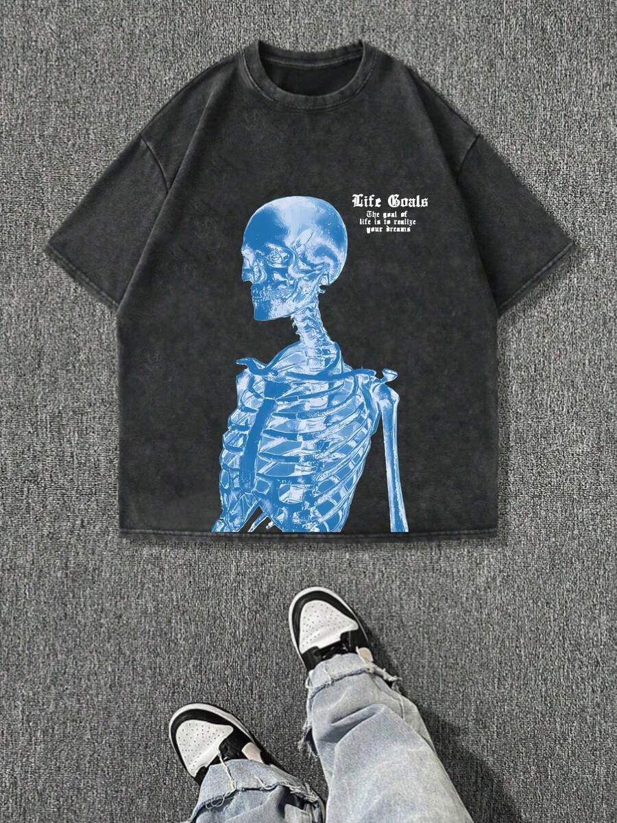 大码男式休闲褪色蓝色骷髅印花圆领水洗 T 恤，夏季，垃圾摇滚风格