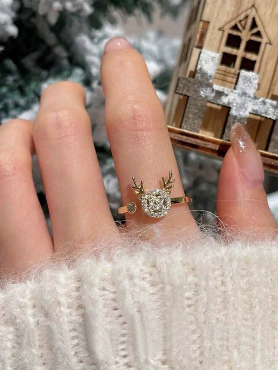 1 件水钻鹿开口戒指，时尚优雅锆石可旋转鹿戒指个性化魅力配饰适合女孩和女士，圣诞礼物 - 金色 - 查看 1