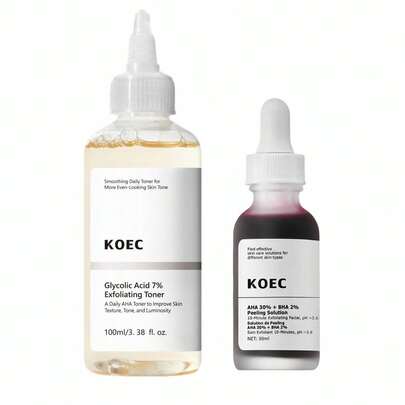 KOEC The Bright Set: AHA 30% + BHA 2% Peeling Solution&Glycolic Acid 7% Exfoliating Toner, Advanced Exfoliating Peel For Brighter Skin
