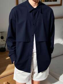 Men's Patchwork Casual Outdoor Shirt, Suitable For Outdoor Sports, Hiking, Dining, And Workout Spring - Navy Blue - View 1
