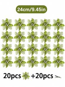 1件/5件/10件/20件閃亮一品紅聖誕花，適用於聖誕樹與花環，直徑3.5英吋/5.9英吋/9.45英吋附夾子，聖誕節裝飾，新年派對用品（顏色：淺綠色） - 淺綠色 - 查看 15