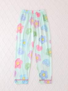 2pcs/Set Girls & Teens Casual Floral Print Lapel Long Sleeve Cardigan And Pants Sleepwear Set, Flame Retardant, All Season