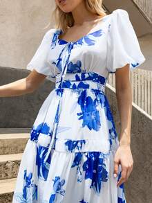 Faeriesty Đầm maxi chiffon in họa tiết hoa thanh lịch – Cổ vuông, tay phồng – Chân váy dài chấm đất thướt tha tạo nên phong cách sang trọng tự nhiên | Thích hợp cho đám cưới ngoài trời mùa xuân, tiệc brunch thường ngày và kỳ nghỉ. - Màu xanh lam - Xem 4