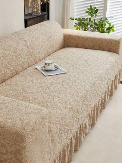 1件卡其色欧式复古花卉图案荷叶边弹力沙发套，防尘防污，弹力全包覆式沙发保护套，家居装饰，可机洗