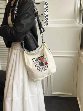1pc Fashion Versatile Embroidered Floral Contrast Color Handbag Shoulder Bag Cartoon Pattern Lightweight Tote Bag For Commuting, Foldable Shopping Bag