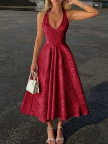 Unadoll Women's Winter Sexy Bareback Hanging Neck Collar Strap 3D Jacquard Fabric Elegant Dress, Suitable For Dinner, Date, School Start, Cocktail Party, Wedding Event, Christmas, Thanksgiving