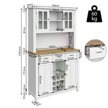 Küchenschrank, Hochschrank Küchenbuffet, Vitrinenschrank, Buffetschrank mit Verstellbaren Ablagen, Sideboard mit LED-Beleuchtung, Buffetschrank(weiße Schublade)