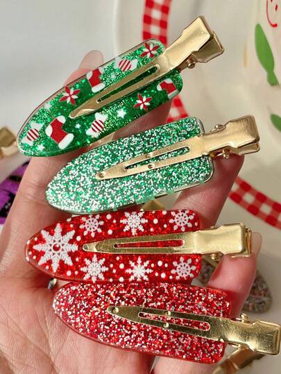 2 pezzi - Fermagli per capelli con elementi natalizi glitterati, clip con bordo a forma di Babbo Natale, fiocco di neve, corna di renna, caramelle, calze di Natale / Accessori per capelli essenziali per le vacanze, regali, viaggi, regali per donne, articoli per capelli, riempitivi per calze