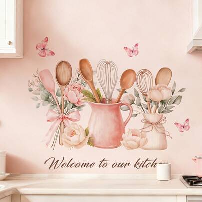 1/3/5片装春季厨房主题墙贴，花卉厨具蝴蝶图案，PVC材质，自粘可移除，家居厨房墙面装饰，烘焙工作室装饰，春季厨房焕新，家庭用餐场景氛围装饰贴纸