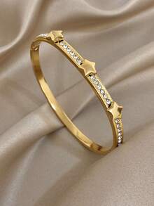 Elegant Star And Moon Sun Earrings Bracelet For Women Luxury Zirconia Golden Bangle Bracelet Stainless Steel Bracelet For Halloween Christmas Party Jewelry Sets Gifts