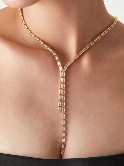 1 Stück Halskette aus Edelstahl mit Goldbeschichtung und vollständigem Strass in Y-Form mit Quaste, geeignet für Partytragen und als Geschenk, Muttertags-Geschenk, Valentinstags-Geschenk