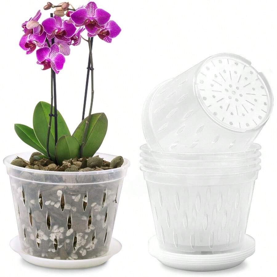 Orchid Pot 5 Inch 6 Pack Orchid Pots With Holes And Saucers Clear Plastic Orchid Pots - 5不清楚 - 查看 1