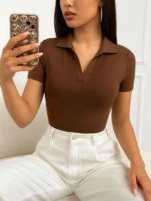 Blouse T-Shirt Polo Neck Women's Fashion Basic Casual Ribana Premium - Rỉ Nâu - Xem 1