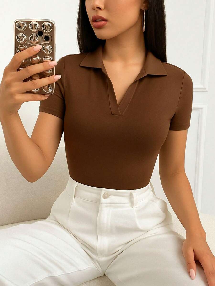 Blouse T-Shirt Polo Neck Women's Fashion Basic Casual Ribana Premium - Rỉ Nâu - Xem 1