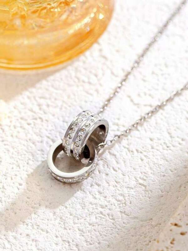 1pc Titanium Steel Full Diamond Double Circle Necklace, Minimalist Super Shiny Two-Layer Diamond Pendant Necklace, Suitable For Women's Daily Wear