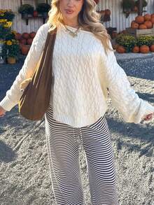 Comfortable Women's Cable Knit Long Sleeve Off-Shoulder Sweater, Ribbed Knit Pullover