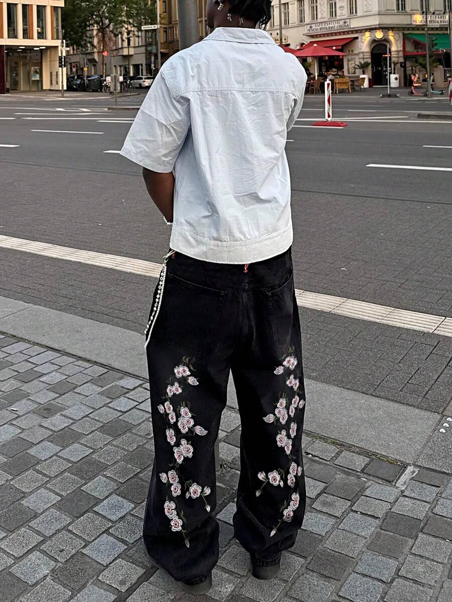 Y2K Hip Hop Rock Style Jeans, Cherry Blossom Embroidered Jeans, Street Vintage Loose Wide Leg Jeans, Retro Denim Pants - Black - View 1