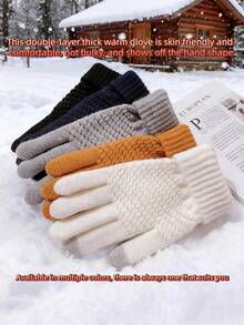 1 Pair Multicolor Winter European & American Popular Thick Velvet Knitted Five-Finger Universal Unisex Solid Color Gloves, Windproof - Multicolor - View 5