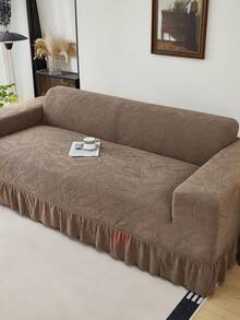 1pc Jacquard Leaf Pattern Ruffled Elastic Sofa Cover, Dust-Proof And Dirt-Resistant, Stretch-To-Fit Full Coverage Sofa Protector, Home Decor, Machine Washable, Pillow Cover Not Included - Coffee Brown - View 7