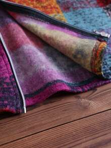 Chaqueta con capucha con cremallera, estampado a cuadros, manga larga, bolsillo, corte asimétrico, estilo de moda casual de calle para mujer en otoño/invierno - Multicolor - Ver 6