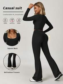 Women's Fashion U-Neck Long Sleeve T-Shirt And Waist Crossover Sports Pants Autumn Winter,Fleece