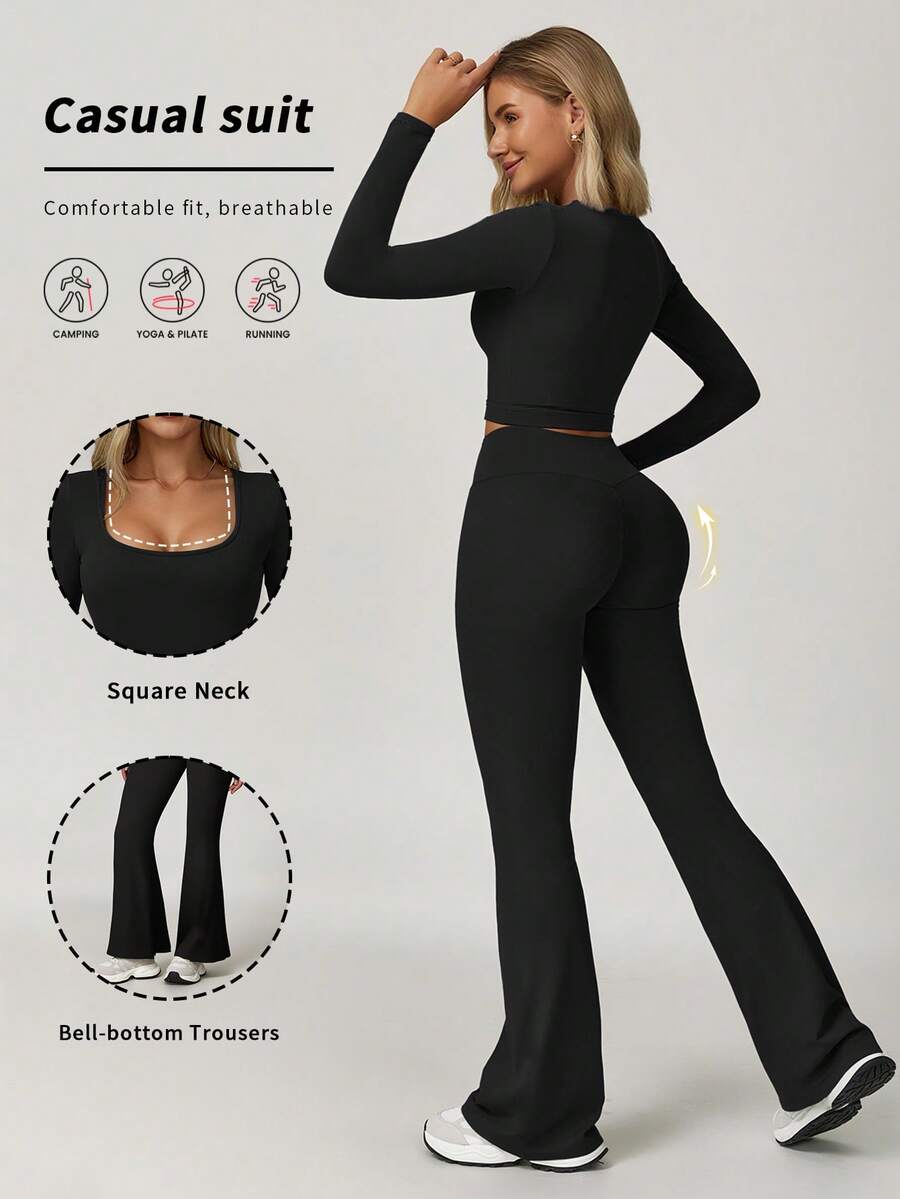 Women's Fashion U-Neck Long Sleeve T-Shirt And Waist Crossover Sports Pants Autumn Winter,Fleece
