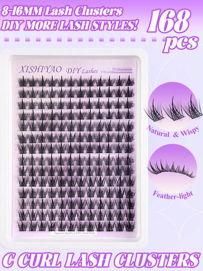 168 piezas Grupos de pestañas de hada estilo manga C Curl, mezcla de 8-16mm, pestañas naturales suaves y difuminadas para DIY, pestañas postizas individuales fáciles de usar y reutilizables para maquillaje diario