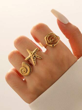 Set de 3 anillos ajustables con diseño único de estilo oceánico, chapados en oro de acero inoxidable con forma de estrella de mar y concha, adecuados para uso diario, fiestas y citas de mujeres