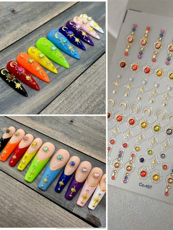 1pc Grid Patterned Star Bowknot Cherry Polka Dot Line Colorful Geometric Five-Pointed Star Adhesive Nail Art Sticker Manicure Decal