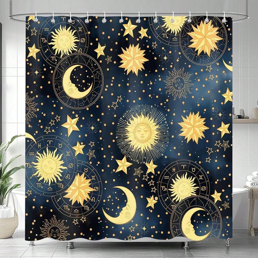 Boho Celestial Shower Curtain, Gold Sun And Moon Galaxy Zodiac Design Bath Curtains For Bathroom,Fun Navy Blue Stars Starry Sky Decor Waterproof Fabric Shower Curtain Sets 12 Hooks 72X72 In{Inchcolor_nameinch:InchBlueinch,Inchsize_nameinch:Inch72\InchWx72\InchL(Packof1)Inch} - 藍色 - 查看 1