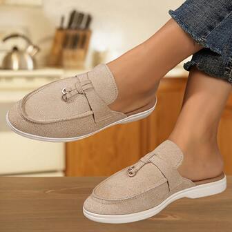 时尚舒适的平底拖鞋，女士平底乐福鞋，卡其色穆勒鞋，一脚蹬鞋，优雅圆头设计，室内外皆宜，四季皆可穿着，柔软舒适的织物鞋面，耐用防滑橡胶鞋底，批发零售