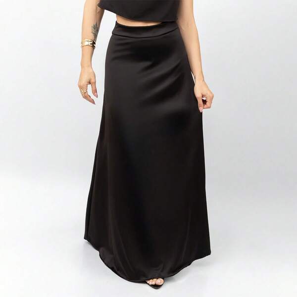 Saia Longa Cetim Feminina Fluida E Versátil Cintura Alta Modelagem Elegante E Moderna