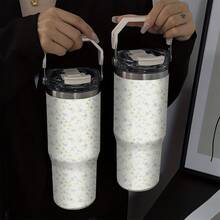 1pc30oz Stainless Steel Insulated Handle Cup, Easy To Carry, Multiple Ways To Drink Water, Can Be Used In Many Scenes, Purple Flower Branches, Simple Design, A Good Choice For Personal Use Or Giving As A Gift, Christmas, Birthday And Other Holiday Gifts, Hand Wash Only. - Multicolor - View 5