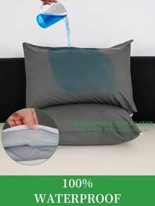 2pcs Waterproof Pillow Protectors (2 Sets) - Made Of Breathable TPU Material With Low Allergy, 2 Zipperable Pillow Covers - Dark Grey - View 5