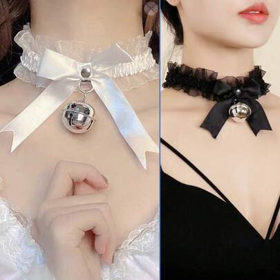 1 Piece Of Swan Neck Lace Bell Collar Necklace, A Sexy Maid Outfit Mesh Bow Collar Necklace, Suitable For Women, Used For Cat Role-Playing, Which Is Fashionable, Elegant And Suitable For Daily Wear(Black)