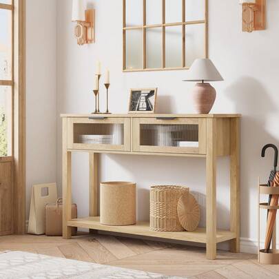 Tavolo consolle in legno a due livelli con due cassetti in vetro e spazio di archiviazione