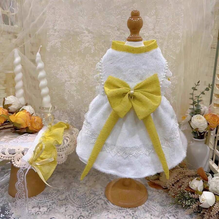 Nœud papillon épais et chaud pour chat et chien, robe de Noël, automne/hiver - Jaune citron - Voir 1