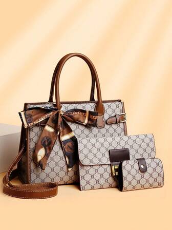 3pcs/Set Fashionable Large Capacity Floral Pattern Tote Bag With Random Scarf Pattern