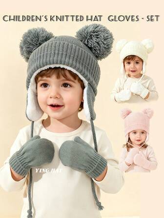 2pcs/Set Toddler Double Pom Pom Decorated Thermal Lined Ear Warmer Hat With Drawstring + Solid Color Knit Gloves, Cute & Simple Set For Daily Warmth, Outdoor Activities, Winter Holiday Gifts
