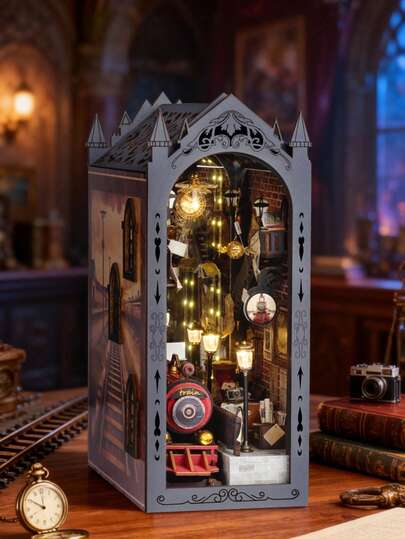 Kits de rincón de libros DIY, kit de modelo de decoración de estantería de biblioteca de madera 3D para dormitorio, modelo de ensamblaje, manualidades DIY, tren de Navidad