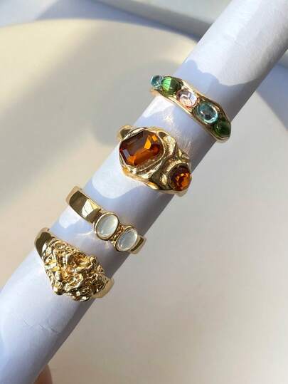 Juego de 4 anillos decorativos de mujer con rhinestones de estilo bohemio, adecuados para uso diario, Halloween, Día de San Valentín, cumpleaños, regalo