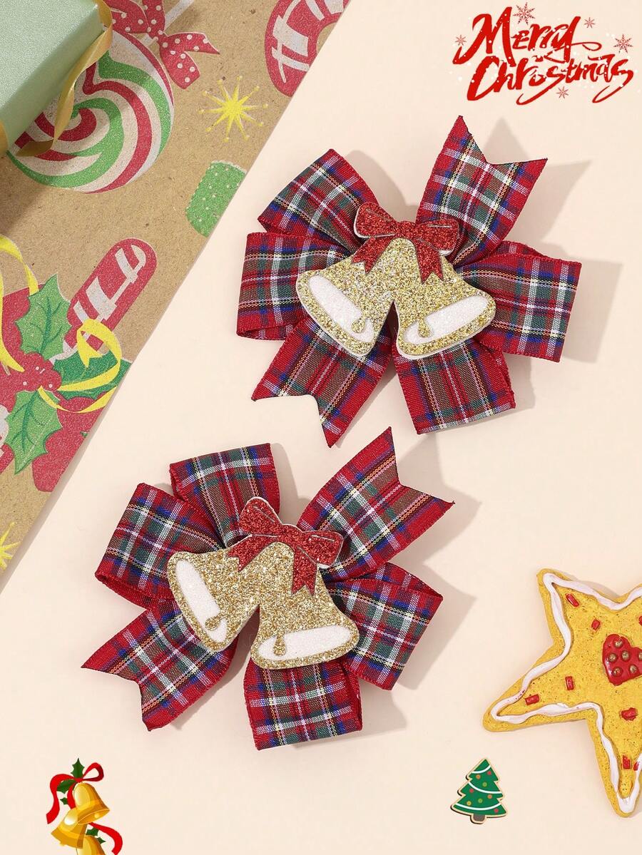 2 Stücke Weihnachtsgeschenke Haarbögen für Mädchen, Glitzer Glocke Karomuster Bögen, süße Glocke karierte Weihnachtsbögen Haarclips, Weihnachtsparty Dekorations Bögen, Haarspangen für Teenager